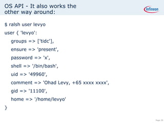 OS API - It also works the other way around: $ ralsh user levyo user { 'levyo': groups => ['tidc'], ensure => 'present', password => 'x', shell => '/bin/bash', uid => '49960', comment => 'Ohad Levy, +65 xxxx xxxx', gid => '11100', home => '/home/levyo' } 