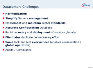Datacenters Challenges Harmonization Simplify  Servers  management Implement  and  maintain  Global  standards Accurate Configuration  Database Rapid  recovery  and  deployment  of services globally Eliminates   duplicate / unnecessary  effort Same  look and feel  everywhere  (enables consolidation /  global operation ) Audits / Compliance 