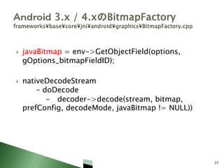  javaBitmap = env->GetObjectField(options,
gOptions_bitmapFieldID);
 nativeDecodeStream
- doDecode
- decoder->decode(stream, bitmap,
prefConfig, decodeMode, javaBitmap != NULL))
23
 