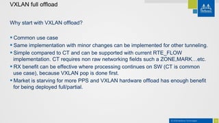 15© 2018 Mellanox Technologies
VXLAN full offload
Why start with VXLAN offload?
 Common use case
 Same implementation with minor changes can be implemented for other tunneling.
 Simple compared to CT and can be supported with current RTE_FLOW
implementation. CT requires non raw networking fields such a ZONE,MARK…etc.
 RX benefit can be effective where processing continues on SW (CT is common
use case), because VXLAN pop is done first.
 Market is starving for more PPS and VXLAN hardware offload has enough benefit
for being deployed full/partial.
 
