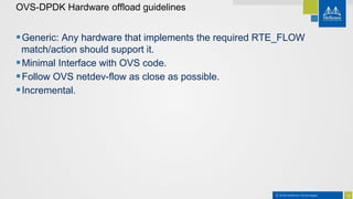 16© 2018 Mellanox Technologies
OVS-DPDK Hardware offload guidelines
Generic: Any hardware that implements the required RTE_FLOW
match/action should support it.
Minimal Interface with OVS code.
Follow OVS netdev-flow as close as possible.
Incremental.
 