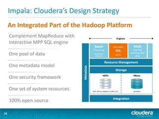 Impala: Cloudera’s Design Strategy
24
Storage
Integration
Resource Management
Metadata
Batch
Processing
MAPREDUCE,
HIVE & PIG
…
Interactive
SQL
IMPALA
Math
Machine
Learning, Anal
ytics
HDFS HBase
TEXT, RCFILE, PARQUET, AVRO, ETC. RECORDS
Engines
Complement MapReduce with
interactive MPP SQL engine
One pool of data
One metadata model
One security framework
One set of system resources
100% open source
An Integrated Part of the Hadoop Platform
 