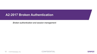 © 2019 Synopsys, Inc.12
A2:2017 Broken Authentication
Broken authentication and session management
 