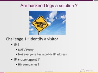 Are backend logs a solution ? 
Challenge 1 : Identify a visitor 
www.dataiku.com 
• IP ? 
• NAT / Proxy 
• Not everyone has a public IP address 
• IP + user-agent ? 
• Big companies ! 
 