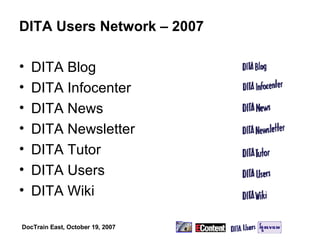 DITA Users Network – 2007 DITA Blog DITA Infocenter DITA News DITA Newsletter DITA Tutor DITA Users DITA Wiki 