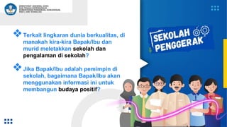 ❖Terkait lingkaran dunia berkualitas, di
manakah kira-kira Bapak/Ibu dan
murid meletakkan sekolah dan
pengalaman di sekolah?
❖Jika Bapak/Ibu adalah pemimpin di
sekolah, bagaimana Bapak/Ibu akan
menggunakan informasi ini untuk
membangun budaya positif?
 