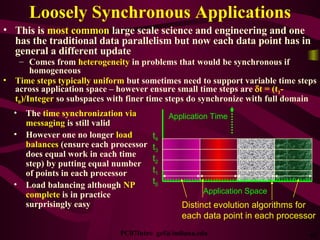 Loosely Synchronous Applications This is  most common  large scale science and engineering and one has the traditional data parallelism but now each data point has in general a different update Comes from  heterogeneity  in problems that would be synchronous if homogeneous Time steps typically uniform  but sometimes need to support variable time steps across application space – however ensure small time steps are   t = (t 1 -t 0 )/Integer  so subspaces with finer time steps do synchronize with full domain The  time synchronization via messaging  is still valid However one no longer  load balances  (ensure each processor does equal work in each time step) by putting equal number of points in each processor Load balancing although  NP complete  is in practice surprisingly easy Distinct evolution algorithms for each data point in each processor Application Time Application Space t 0 t 1 t 2 t 3 t 4 