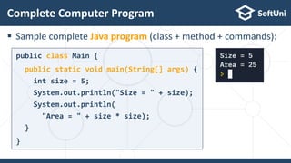  Sample complete Java program (class + method + commands):
Complete Computer Program
public class Main {
public static void main(String[] args) {
int size = 5;
System.out.println("Size = " + size);
System.out.println(
"Area = " + size * size);
}
}
 