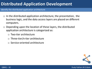 Q8M1 – SC Dudy Fathan Ali S.Kom
Identify the distributed application architecture
Distributed Application Development
o In the distributed application architecture, the presentation, the
business logic, and the data access layers are placed on different
computers.
o Depending upon the location of these layers, the distributed
application architecture is categorized as:
o Two-tier architecture
o Three-tier/n-tier architecture
o Service-oriented architecture
 