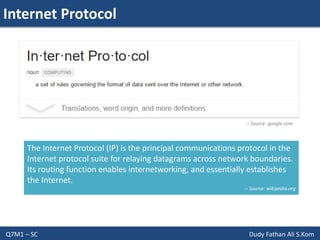 Internet Protocol
Q7M1 – SC Dudy Fathan Ali S.Kom
The Internet Protocol (IP) is the principal communications protocol in the
Internet protocol suite for relaying datagrams across network boundaries.
Its routing function enables internetworking, and essentially establishes
the Internet.
-- Source: wikipedia.org
-- Source: google.com
 