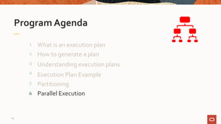 What is an execution plan
Program Agenda
1
2
3
4
How to generate a plan
69
Understanding execution plans
Execution Plan Example
5 Partitioning
6 Parallel Execution
 