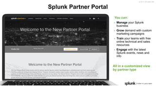© 2017 SPLUNK INC.
You can:
▶ Manage your Splunk
business
▶ Grow demand with custom
marketing campaigns
▶ Train your teams with free
online technical and sales
resources
▶ Engage with the latest
SpIunk events, news and
info
All in a customized view
by partner type
Splunk Partner Portal
 