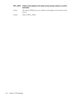 PETL_24074       Failed to send updates to the master service process. Session run will be
                              terminated.
             Cause:           The master DTM process was unable to send updates to the master service
                              process.
             Action:          Same as PETL_24042.




374   Chapter 51: PETL Messages
 