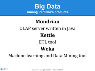 Big Data
Among Pentaho’s products

Mondrian
OLAP server written in Java

Kettle
ETL tool

Weka
Machine learning and Data Mining tool
DeustoTech-Learning 2013/2014 - 9 de Enero del 2014

 