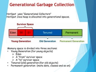Generational Garbage Collection
HotSpot uses “Generational Collectors”
HotSpot Java heap is allocated into generational spaces.
Memory space is divided into three sections:
• Young Generation (for young objects)
 Eden
 A “from” survivor space
 A “to” survivor space
• Tenured (old) generation (for old objects)
• Permanent generation (meta data, classes and so on)
 