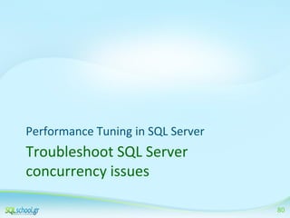 Performance Tuning in SQL Server

Troubleshoot SQL Server
concurrency issues
80

 
