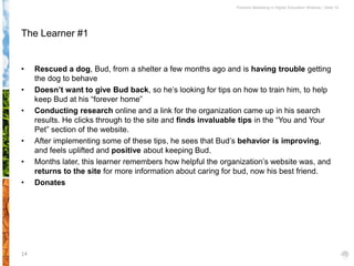 Persona Marketing in Higher Education Webinar | Slide 14




The Learner #1


•    Rescued a dog, Bud, from a shelter a few months ago and is having trouble getting
     the dog to behave
•    Doesn’t want to give Bud back, so he’s looking for tips on how to train him, to help
     keep Bud at his “forever home”
•    Conducting research online and a link for the organization came up in his search
     results. He clicks through to the site and finds invaluable tips in the “You and Your
     Pet” section of the website.
•    After implementing some of these tips, he sees that Bud’s behavior is improving,
     and feels uplifted and positive about keeping Bud.
•    Months later, this learner remembers how helpful the organization’s website was, and
     returns to the site for more information about caring for bud, now his best friend.
•    Donates




14
 
