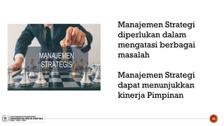 22
Manajemen Strategi
diperlukan dalam
mengatasi berbagai
masalah
Manajemen Strategi
dapat menunjukkan
kinerja Pimpinan
 