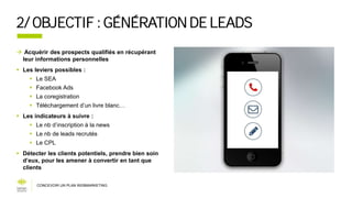 2/OBJECTIF:GÉNÉRATIONDELEADS
 Acquérir des prospects qualifiés en récupérant
leur informations personnelles
 Les leviers possibles :
 Le SEA
 Facebook Ads
 La coregistration
 Téléchargement d’un livre blanc…
 Les indicateurs à suivre :
 Le nb d’inscription à la news
 Le nb de leads recrutés
 Le CPL
 Détecter les clients potentiels, prendre bien soin
d’eux, pour les amener à convertir en tant que
clients
CONCEVOIR UN PLAN WEBMARKETING
 