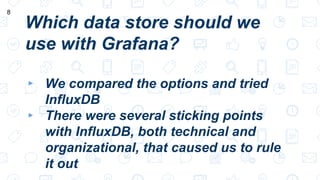 Which data store should we
use with Grafana?
▸ We compared the options and tried
InfluxDB
▸ There were several sticking points
with InfluxDB, both technical and
organizational, that caused us to rule
it out
8
 
