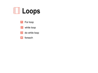 Loops
while loop2
do while loop3
foreach4
For loop1
 