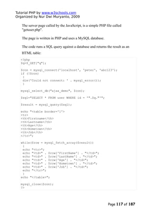 Tutorial PHP by www.w3schools.com
Organized by Nur Dwi Muryanto, 2009
The server page called by the JavaScript, is a simple PHP file called
"getuser.php".
The page is written in PHP and uses a MySQL database.
The code runs a SQL query against a database and returns the result as an
HTML table:
<?php
$q=$_GET["q"];
$con = mysql_connect('localhost', 'peter', 'abc123');
if (!$con)
{
die('Could not connect: ' . mysql_error());
}
mysql_select_db("ajax_demo", $con);
$sql="SELECT * FROM user WHERE id = '".$q."'";
$result = mysql_query($sql);
echo "<table border='1'>
<tr>
<th>Firstname</th>
<th>Lastname</th>
<th>Age</th>
<th>Hometown</th>
<th>Job</th>
</tr>";
while($row = mysql_fetch_array($result))
{
echo "<tr>";
echo "<td>" . $row['FirstName'] . "</td>";
echo "<td>" . $row['LastName'] . "</td>";
echo "<td>" . $row['Age'] . "</td>";
echo "<td>" . $row['Hometown'] . "</td>";
echo "<td>" . $row['Job'] . "</td>";
echo "</tr>";
}
echo "</table>";
mysql_close($con);
?>
Page 117 of 187
 