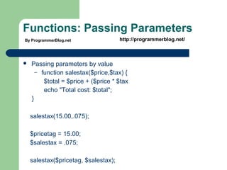 Functions: Passing Parameters
 Passing parameters by value
– function salestax($price,$tax) {
$total = $price + ($price * $tax
echo "Total cost: $total";
}
salestax(15.00,.075);
$pricetag = 15.00;
$salestax = .075;
salestax($pricetag, $salestax);
By ProgrammerBlog.net http://programmerblog.net/
 