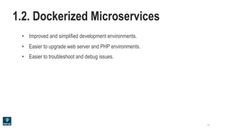 • Improved and simplified development environments.
• Easier to upgrade web server and PHP environments.
• Easier to troubleshoot and debug issues.
1.2. Dockerized Microservices
13
 