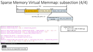 Sparse Memory Virtual Memmap: subsection (4/4)
• SUBSECTION_SIZE
✓ (1UL << 21) = 2MB → 2MB huge
page in x86_64.
SECTIONS_PER_ROOT PAGES_PER_SECTION
0
14
15
22
NR_SECTION_ROOTS
23
33
PFN
63
SECTION_SIZE_BITS = 27
PAGES_PER_SUBSECTION
SUBSECTIONS_PER
_SECTION
14 9 0
8
Some macros are expanded manually
Note
 