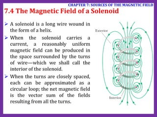  A solenoid is a long wire wound in
the form of a helix.
 When the solenoid carries a
current, a reasonably uniform
magnetic field can be produced in
the space surrounded by the turns
of wire—which we shall call the
interior of the solenoid.
 When the turns are closely spaced,
each can be approximated as a
circular loop; the net magnetic field
is the vector sum of the fields
resulting from all the turns.
7.4 The Magnetic Field of a Solenoid
CHAPTER 7: SOURCES OF THE MAGNETIC FIELD
 