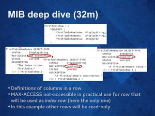 MIB deep dive (32m)
➔
Definitions of columns in a row
➔
MAX-ACCESS not-accessible in practical use for row that
will be used as index row (here the only one)
➔
In this example other rows will be read-only
 