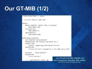 Our GT-MIB (1/2)
...we should actually register our
own Enterprise Number with IANA!
http://pen.iana.org/pen/PenApplication.page
 