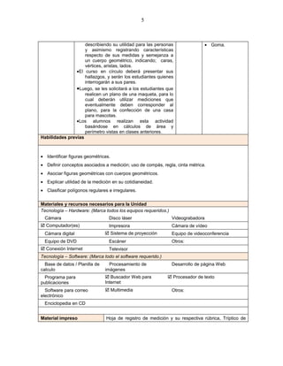 5



                    describiendo su utilidad para las personas               • Goma.
                    y asimismo registrando características
                    respecto de sus medidas y semejanza a
                    un cuerpo geométrico, indicando; caras,
                    vértices, aristas, lados.
                •El curso en círculo deberá presentar sus
                    hallazgos, y serán los estudiantes quienes
                    interrogarán a sus pares.
                •Luego, se les solicitará a los estudiantes que
                    realicen un plano de una maqueta, para lo
                    cual deberán utilizar mediciones que
                    eventualmente deben corresponder al
                    plano, para la confección de una casa
                    para mascotas.
                •Los alumnos realizan esta actividad
                    basándose en cálculos de área y
                    perímetro vistas en clases anteriores.
Habilidades previas



• Identificar figuras geométricas.
• Definir conceptos asociados a medición; uso de compás, regla, cinta métrica.
• Asociar figuras geométricas con cuerpos geométricos.
• Explicar utilidad de la medición en su cotidianeidad.
• Clasificar polígonos regulares e irregulares.

Materiales y recursos necesarios para la Unidad
Tecnología – Hardware: (Marca todos los equipos requeridos.)
  Cámara                         Disco láser                   Videograbadora
 Computador(es)                 Impresora                     Cámara de vídeo
  Cámara digital                 Sistema de proyección        Equipo de videoconferencia
  Equipo de DVD                  Escáner                       Otros:
 Conexión Internet              Televisor
Tecnología – Software: (Marca todo el software requerido.)
  Base de datos / Planilla de     Procesamiento de             Desarrollo de página Web
calculo                         imágenes
  Programa para                  Buscador Web para           Procesador de texto
publicaciones                   Internet
  Software para correo           Multimedia                   Otros:
electrónico
  Enciclopedia en CD


Material impreso                Hoja de registro de medición y su respectiva rúbrica, Tríptico de
 