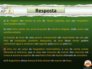 Resposta
a) A imagem nos mostra o ciclo da Taenia saginata, pois seu hospedeiro
intermediário é o boi.
b) Uma tênia adulta vive presa à parede do intestino delgado, onde ocorre sua
autofecundação.
c) Quando as fezes de uma pessoa contaminada são depositadas no solo por
falta de instalações sanitárias adequadas, os ovos desse verme podem
contaminar água e verduras e ser ingerido pelo porco ou pelo boi.
d) Uma vez no corpo do hospedeiro intermediário, o ovo do verme eclode
liberando o cisticerco, que se aloja nos músculos do animal. Nos músculos ele
cresce e assume o aspecto de uma bolsa cheia de líquido chamado de oncosfera.
e) O diagnóstico dessa doença é feito através de exames de fezes.
 