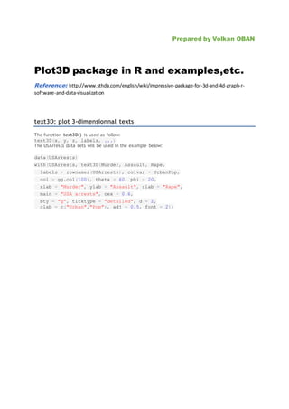 Prepared by Volkan OBAN
Plot3D package in R and examples,etc.
Reference: http://www.sthda.com/english/wiki/impressive-package-for-3d-and-4d-graph-r-
software-and-data-visualization
text3D: plot 3-dimensionnal texts
The function text3D() is used as follow:
text3D(x, y, z, labels, ...)
The USArrests data sets will be used in the example below:
data(USArrests)
with(USArrests, text3D(Murder, Assault, Rape,
labels = rownames(USArrests), colvar = UrbanPop,
col = gg.col(100), theta = 60, phi = 20,
xlab = "Murder", ylab = "Assault", zlab = "Rape",
main = "USA arrests", cex = 0.6,
bty = "g", ticktype = "detailed", d = 2,
clab = c("Urban","Pop"), adj = 0.5, font = 2))
 