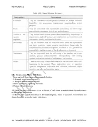 WE-IT TUTORIALS TYBSC(IT) SEM 6 PROJECT MANAGEMENT
118
302 PARANJPE UDYOG BHAVAN, OPP MAHESH TUTORIALS, THANE STATION,THANE WEST, 8097071144
8.2.2 Status across Major Milestones
• There are in all four major milestones as following;
1. Life-cycle objective milestones
2. Life-cycle architecture milestones
3. Initial operational capability milestone
4. Product release milestone
.All these four major milestones occur at the end of each phase so as to achieve the conformance
of the various stakeholders.
The below table depicts the status of development plans, status of customer requirements and
status of product across the major milestones.
 