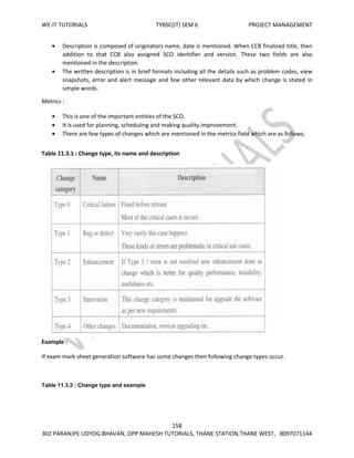 WE-IT TUTORIALS TYBSC(IT) SEM 6 PROJECT MANAGEMENT
158
302 PARANJPE UDYOG BHAVAN, OPP MAHESH TUTORIALS, THANE STATION,THANE WEST, 8097071144
Description is composed of originators name, date is mentioned. When CCB finalized title, then
addition to that CCB also assigned SCO identifier and version. These two fields are also
mentioned in the description.
The written description is in brief formats including all the details such as problem codes, view
snapshots, error and alert message and few other relevant data by which change is stated in
simple words.
Metrics :
This is one of the important entities of the SCO.
It is used for planning, scheduling and making quality improvement.
There are few types of changes which are mentioned in the metrics field which are as follows;
Table 11.3.1 : Change type, its name and description
Example :
If exam mark sheet generation software has some changes then following change types occur.
Table 11.3.2 : Change type and example
 