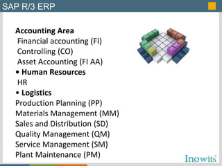Click to edit Master title styleSAP R/3 ERP
Accounting Area
Financial accounting (FI)
Controlling (CO)
Asset Accounting (FI AA)
• Human Resources
HR
• Logistics
Production Planning (PP)
Materials Management (MM)
Sales and Distribution (SD)
Quality Management (QM)
Service Management (SM)
Plant Maintenance (PM)
 