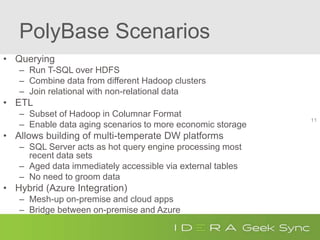 PolyBase Scenarios
• Querying
– Run T-SQL over HDFS
– Combine data from different Hadoop clusters
– Join relational with non-relational data
• ETL
– Subset of Hadoop in Columnar Format
– Enable data aging scenarios to more economic storage
• Allows building of multi-temperate DW platforms
– SQL Server acts as hot query engine processing most
recent data sets
– Aged data immediately accessible via external tables
– No need to groom data
• Hybrid (Azure Integration)
– Mesh-up on-premise and cloud apps
– Bridge between on-premise and Azure
11
 