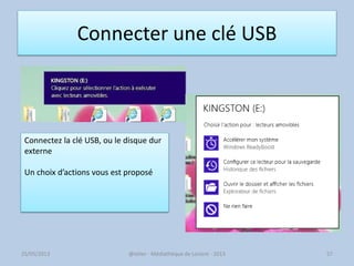 Connecter une clé USB
25/05/2013 @telier - Médiathèque de Lorient - 2013 57
Connectez la clé USB, ou le disque dur
externe
Un choix d’actions vous est proposé
 