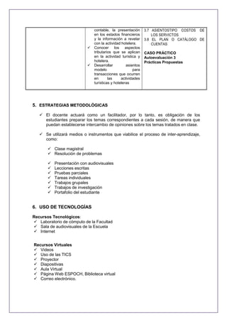 



contable, la presentación
en los estados financieros
y la información a revelar
con la actividad hotelera.
Conocer los aspectos
tributarios que se aplican
en la actividad turística y
hotelera.
Desarrollar
asientos
modelo
para
transacciones que ocurren
en
las
actividades
turísticas y hoteleras

3.7 ASIENTOSTIPO COSTOS DE
LOS SERVICTOS
3.8 EL PLAN O CATÁLOGO DE
CUENTAS
CASO PRÁCTICO
Autoevaluación 3
Prácticas Propuestas

5. ESTRATEGIAS METODOLÓGICAS
 El docente actuará como un facilitador, por lo tanto, es obligación de los
estudiantes preparar los temas correspondientes a cada sesión, de manera que
puedan establecerse intercambio de opiniones sobre los temas tratados en clase.
 Se utilizará medios o instrumentos que viabilice el proceso de inter-aprendizaje,
como:
 Clase magistral
 Resolución de problemas








Presentación con audiovisuales
Lecciones escritas
Pruebas parciales
Tareas individuales
Trabajos grupales
Trabajos de investigación
Portafolio del estudiante

6. USO DE TECNOLOGÍAS
Recursos Tecnológicos:
 Laboratorio de cómputo de la Facultad
 Sala de audiovisuales de la Escuela
 Internet
Recursos Virtuales
 Videos
 Uso de las TICS
 Proyector
 Diapositivas
 Aula Virtual
 Página Web ESPOCH, Biblioteca virtual
 Correo electrónico.

 