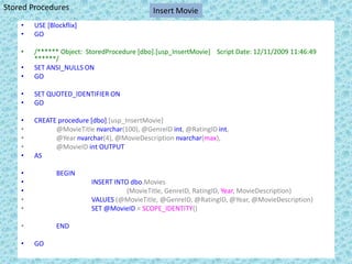 Stored ProceduresInsert MovieUSE [Blockflix]GO/****** Object:  StoredProcedure [dbo].[usp_InsertMovie]    Script Date: 12/11/2009 11:46:49 ******/SET ANSI_NULLS ONGOSET QUOTED_IDENTIFIER ONGOCREATE procedure [dbo].[usp_InsertMovie]	@MovieTitlenvarchar(100), @GenreIDint, @RatingIDint, 	@Year nvarchar(4), @MovieDescriptionnvarchar(max),	@MovieIDint OUTPUTAS	BEGIN		INSERT INTO dbo.Movies(MovieTitle, GenreID, RatingID, Year, MovieDescription)    VALUES (@MovieTitle, @GenreID, @RatingID, @Year, @MovieDescription)SET @MovieID= SCOPE_IDENTITY()ENDGO
