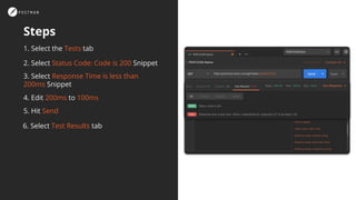 1. Select the Tests tab
2. Select Status Code: Code is 200 Snippet
3. Select Response Time is less than
200ms Snippet
4. Edit 200ms to 100ms
Steps
6. Select Test Results tab
5. Hit Send
 