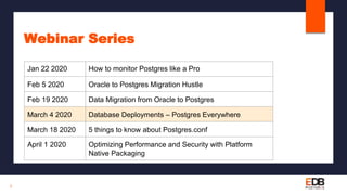 Webinar Series
3
Jan 22 2020 How to monitor Postgres like a Pro
Feb 5 2020 Oracle to Postgres Migration Hustle
Feb 19 2020 Data Migration from Oracle to Postgres
March 4 2020 Database Deployments – Postgres Everywhere
March 18 2020 5 things to know about Postgres.conf
April 1 2020 Optimizing Performance and Security with Platform
Native Packaging
 
