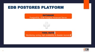 EDB POSTGRES PLATFORM
9
DATABASE
PostgreSQL, EDB Postgres Advanced Server
TOOL SUITE
Monitoring, tuning, high availability & disaster recovery
 