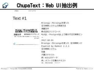 PGroonga 2 - PostgreSQLでの全文検索の決定版 Powered by Rabbit 2.2.2
ChupaText：Web UI抽出例
 