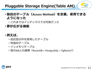 11Copyright©2019 NTT Corp. All Rights Reserved.
• 独自のテーブル（Access Method）を定義、使用できる
ようになった
• これまではインデックスでは可能だった
• 夢が広がる機能
• 例えば、
• 追記型以外を採用したテーブル
• 列指向テーブル
• インメモリテーブル
• 他のDBとの連携（RocksDB + PostgreSQL = PgRocks?）
Pluggable Storage Engine(Table AM)
 