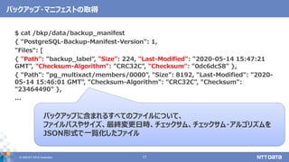 © 2020 NTT DATA Corporation 17
バックアップ・マニフェストの取得
$ cat /bkp/data/backup_manifest
{ "PostgreSQL-Backup-Manifest-Version": 1,
"Files": [
{ "Path": "backup_label", "Size": 224, "Last-Modified": "2020-05-14 15:47:21
GMT", "Checksum-Algorithm": "CRC32C", "Checksum": "0dc6dc58" },
{ "Path": "pg_multixact/members/0000", "Size": 8192, "Last-Modified": "2020-
05-14 15:46:01 GMT", "Checksum-Algorithm": "CRC32C", "Checksum":
"23464490" },
...
バックアップに含まれるすべてのファイルについて、
ファイルパスやサイズ、最終変更日時、チェックサム、チェックサム・アルゴリズムを
JSON形式で一覧化したファイル
 
