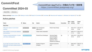 © 2024 NTT DATA Group Corporation 21
CommitFest
CommitFest Appでレビュー対象のパッチを一覧管理
https://commitfest.postgresql.org/
 