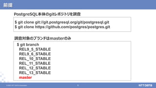 © 2021 NTT DATA Corporation 6
6
© 2021 NTT DATA Corporation
前提
$ git branch
REL9_5_STABLE
REL9_6_STABLE
REL_10_STABLE
REL_11_STABLE
REL_12_STABLE
REL_13_STABLE
master
調査対象のブランチはmasterのみ
$ git clone git://git.postgresql.org/git/postgresql.git
$ git clone https://github.com/postgres/postgres.git
PostgreSQL本体のgitレポジトリを調査
 